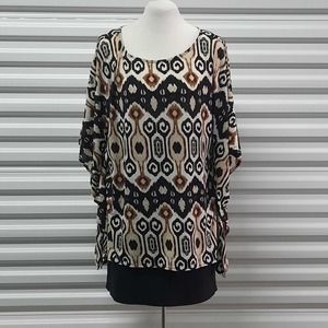 Chico's Top Blouse Womens Small/Medium Black Brown Kimono Sleeves Oversized Fit